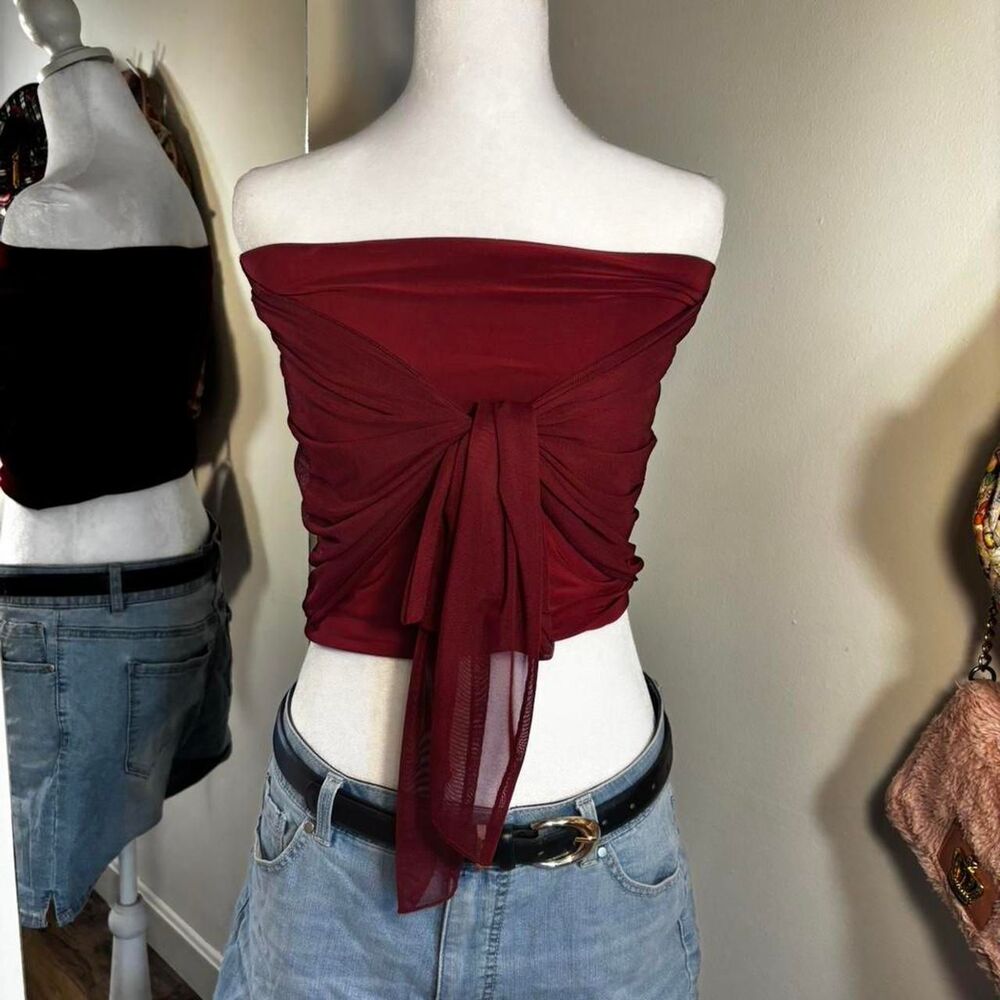 Windsor Burgundy Mesh Tie-Front Tube Top | Size S | NWT